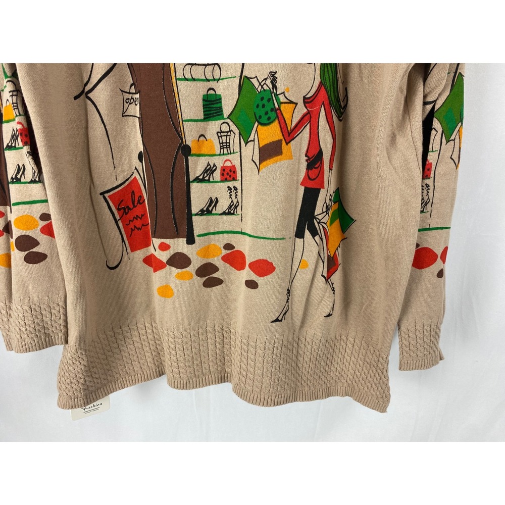 Womens Beige Shopping Scene Graphic Knit Sweater Long Sleeve Crew Neck - Picture 15 of 15